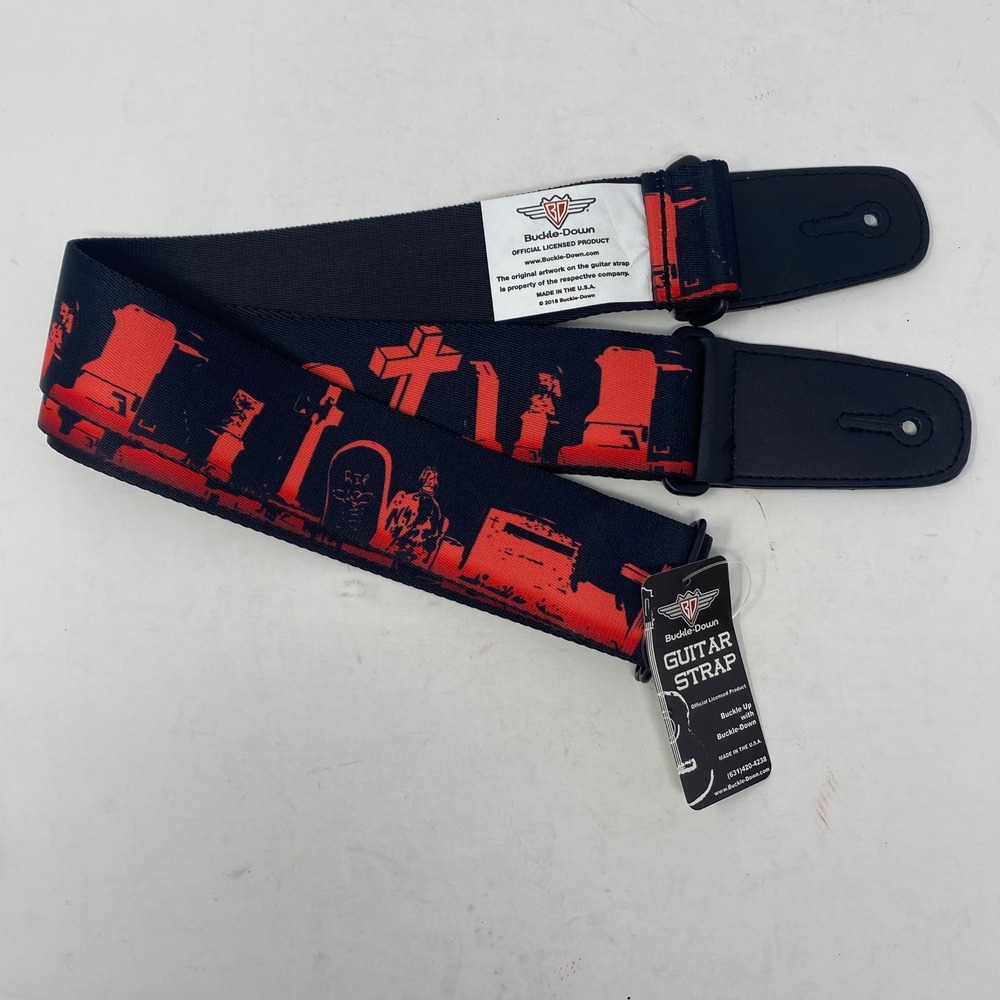Buckle-Down Graveyard Cemetery Guitar Strap Red Black Gothic Metal Made in USA